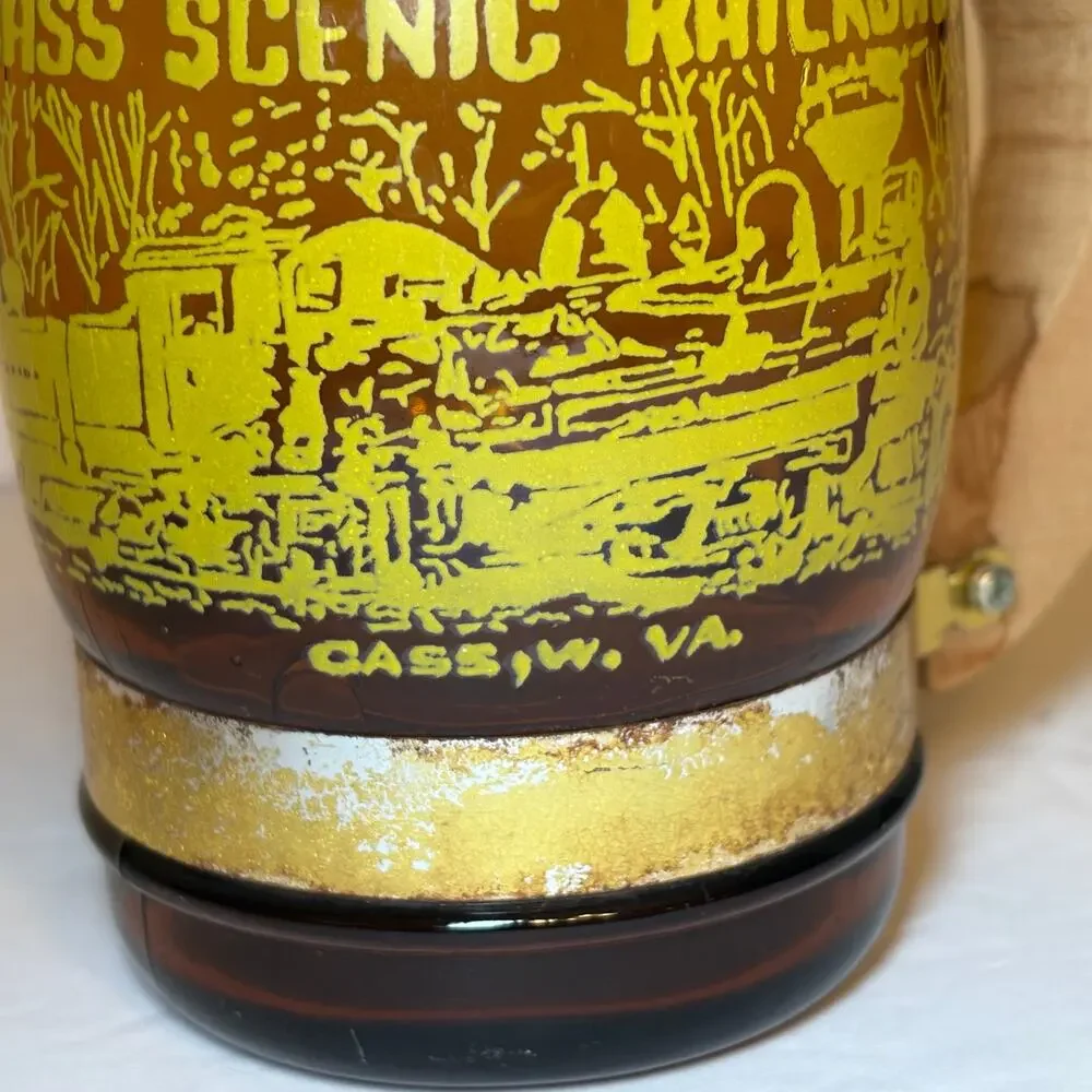 Vintage Cass Scenic Railroad West Virginia Souvenir Brown Glass Barrel Mug Wood